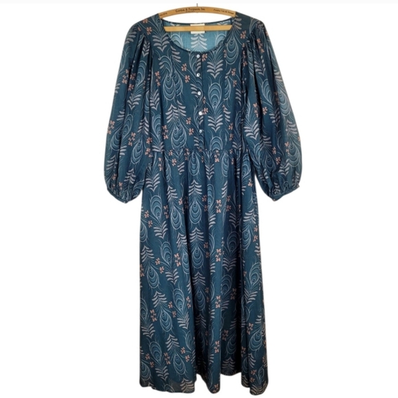 WRAP LONDON Puff Sleeve Feathers & Floral Printed Cotton Midi Dress Sz 14 - Picture 2 of 12